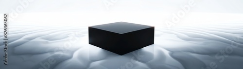 Abstract black cube on a smooth surface, with a bright, ethereal background. Conceptual art with minimalist design and futuristic vibe.