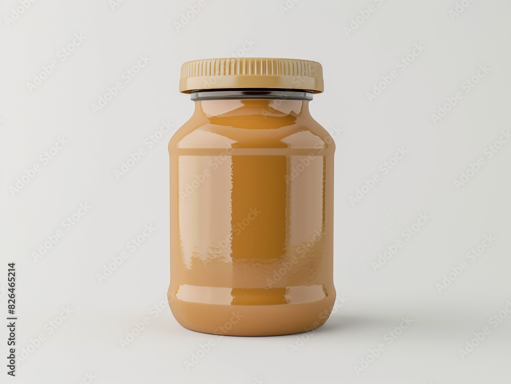 A jar of peanut butter is sitting on a white background. The jar is made of plastic and has a lid. A jar of peanut butter is sitting on a white background. The jar is made of plastic and has a lid.