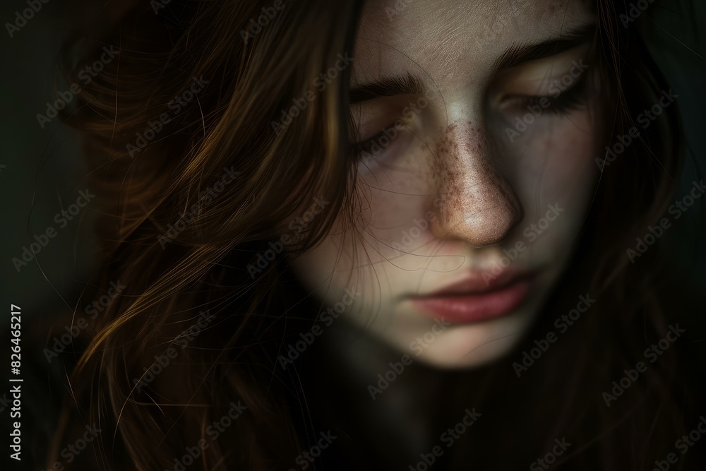 Dramatic closeup of a young woman with freckles, eyes closed, evoking a peaceful mood Dramatic closeup of a young woman with freckles, eyes closed, evoking a peaceful mood