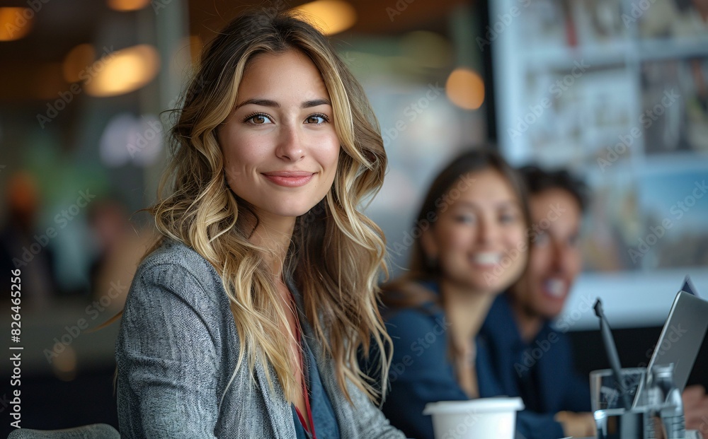 A woman with long blonde hair smiling at the camera. She is wearing a gray jacket and is surrounded by other people. A woman with long blonde hair smiling at the camera. She is wearing a gray jacket and is surrounded by other people.