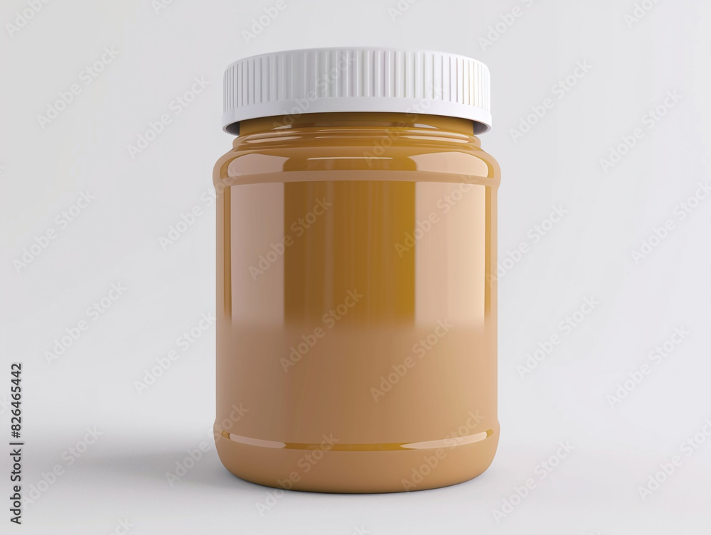A jar of peanut butter is sitting on a white background. The jar is made of plastic and has a lid. A jar of peanut butter is sitting on a white background. The jar is made of plastic and has a lid.