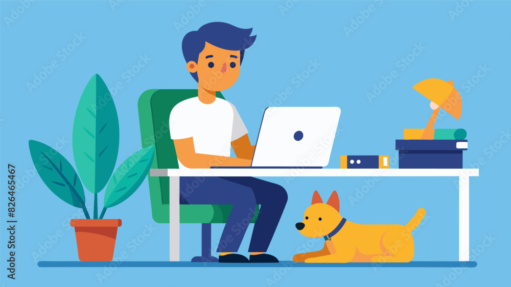 A person sitting at their desk with their emotional support animal lying across their lap providing support and emotional grounding.. Vector illustration A person sitting at their desk with their emotional support animal lying across their lap providing support and emotional grounding.. Vector illustration