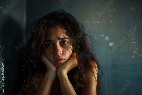 Contemplative woman gazing out of a rainstreaked window in a dimly lit room