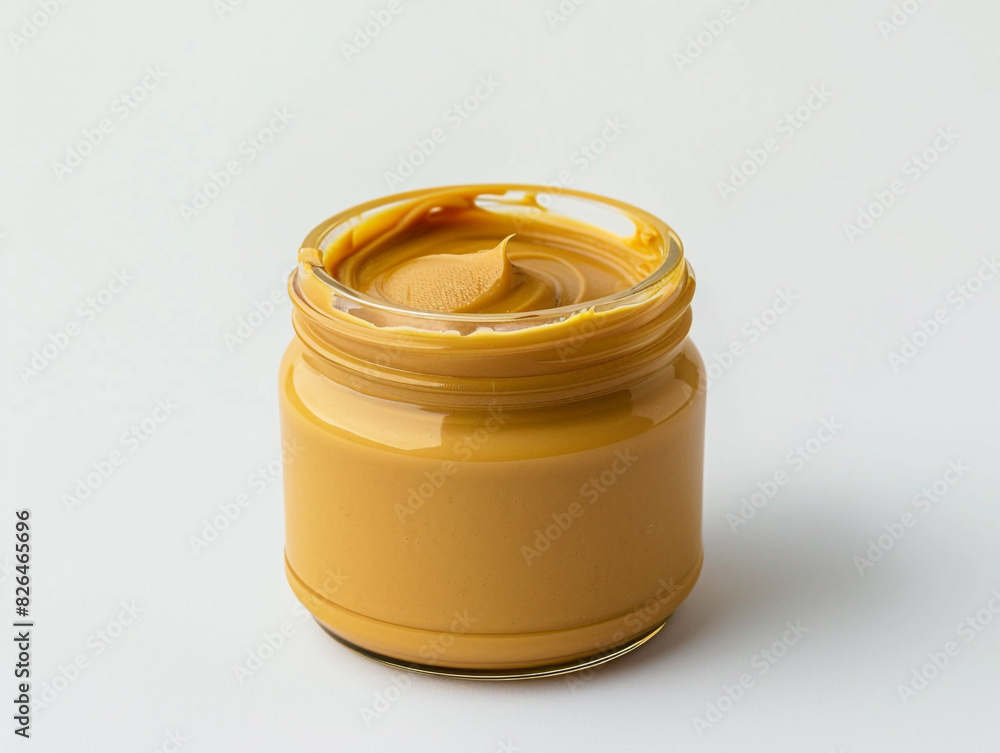 A jar of peanut butter is sitting on a white background. The jar is made of plastic and has a lid. A jar of peanut butter is sitting on a white background. The jar is made of plastic and has a lid.