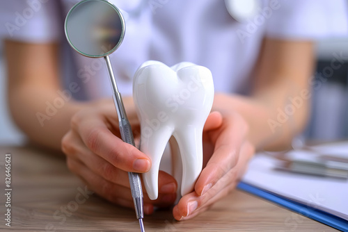 Healthy white tooth model and dentist mirror instrument in dentist hands. photo