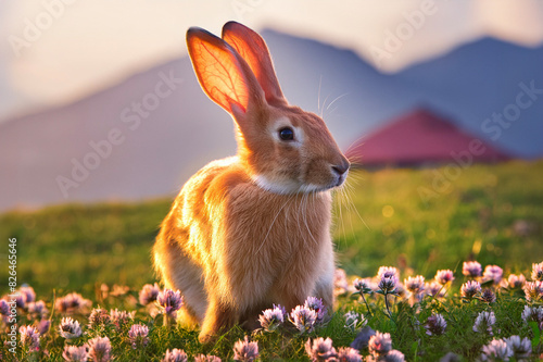Coniglio in un campo con fiori photo