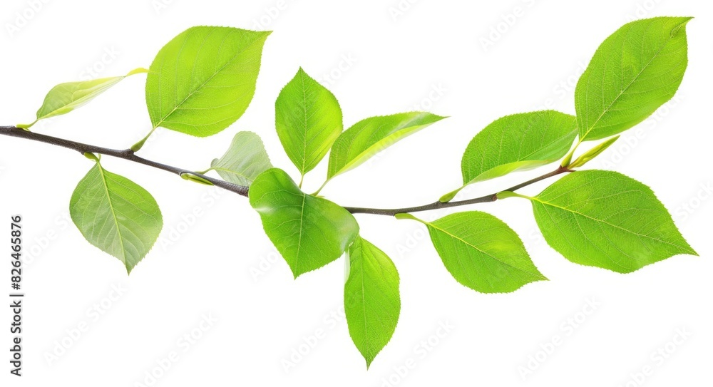 Branch of Fresh Green Leaves Isolated on White Background, Nature Plant Twig Branch of Fresh Green Leaves Isolated on White Background, Nature Plant Twig