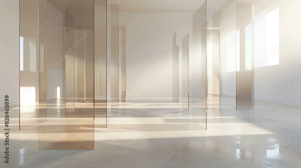 Obraz premium Abstract minimalist interior design with translucent panels and natural light creating elegant shadows and peaceful atmosphere.