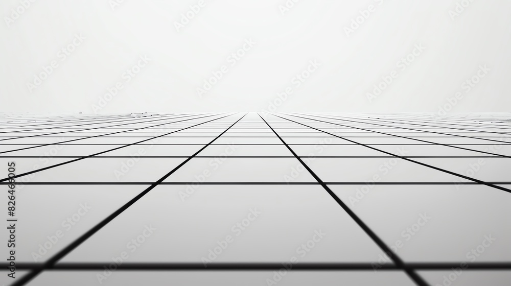 Abstract perspective view of symmetrical grid lines on a white, seamless floor creating a modern geometric pattern ideal for backgrounds. Abstract perspective view of symmetrical grid lines on a white, seamless floor creating a modern geometric pattern ideal for backgrounds.