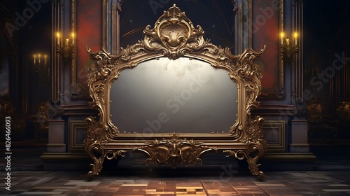 A traditional, ornate mirror with a gold frame and intricate details and a beveled edge