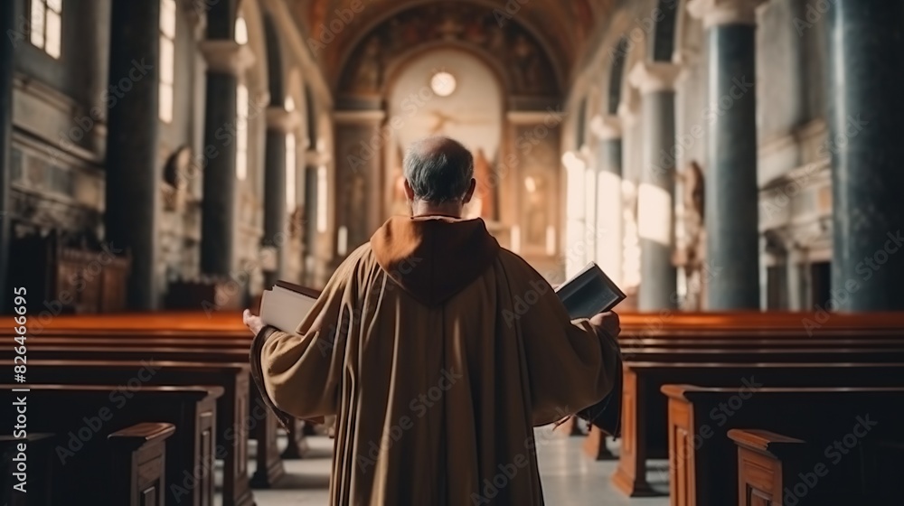 An individual, likely a monk or clergy member, stands in a large, architecturally impressive church, holding a book that could be a bible or prayer book An individual, likely a monk or clergy member, stands in a large, architecturally impressive church, holding a book that could be a bible or prayer book
