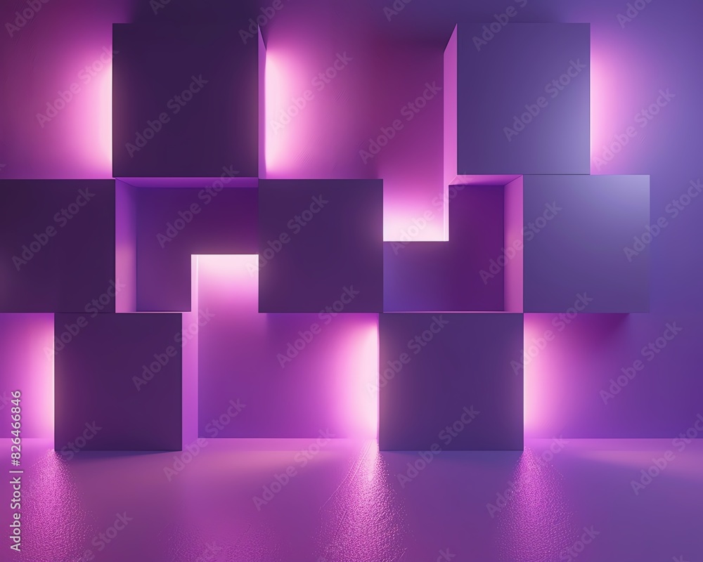 Geometric 3D cubes forming a modern abstract wall with purple and pink neon lights casting a futuristic glow in a minimalist setting. Geometric 3D cubes forming a modern abstract wall with purple and pink neon lights casting a futuristic glow in a minimalist setting.