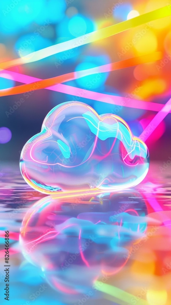 3D model of a cloud download icon on a bright, multicolored backdrop 3D model of a cloud download icon on a bright, multicolored backdrop
