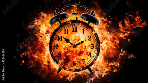 An alarm clock is dramatically engulfed in flames, symbolizing urgency, danger, or time running out photo