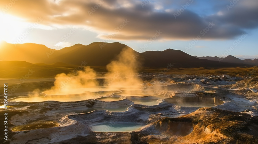 Serene snapshot of natural hot springs with steam rising against a dramatic sunset in a mountainous setting