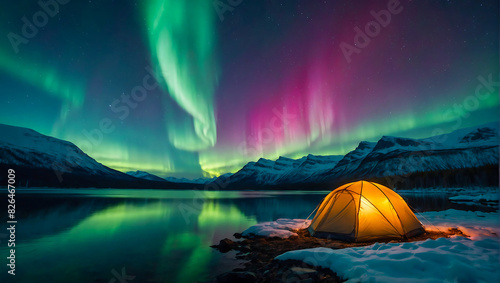 A glowing tent by a calm tranquil lake with the beautiful northern lights dancing in the sky