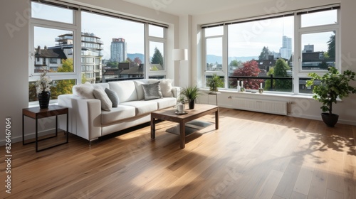 Modern living room with large windows, city skyline view, comfortable sofa and wooden furniture © AS Photo Family