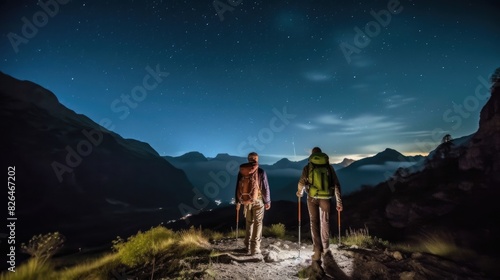 Two hikers with headlamps gaze at the stars while standing on a mountain trail at night photo