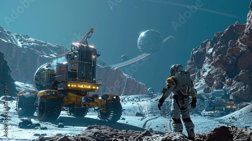 Fototapeta Naklejka Na Ścianę i Meble -  Mining operation on an asteroid, with futuristic machinery and space suits