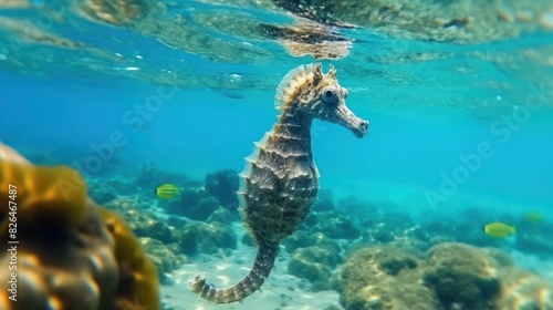 A single seahorse clings to a coral structure in a clear, sunlit underwater setting, surrounded by tropical fish