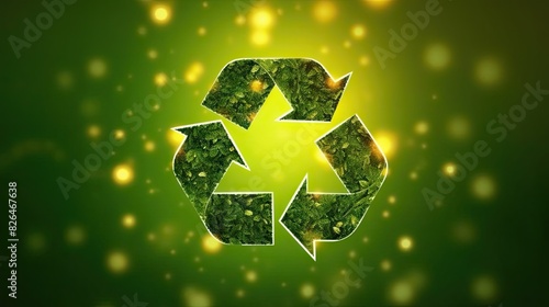 A bold green recycling symbol with a leafy texture set against a sparkling background