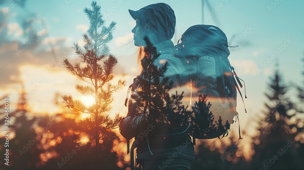 Fototapeta premium Silhouette of a backpacker blending into a forest landscape, capturing the essence of adventure and exploration in nature at sunset.