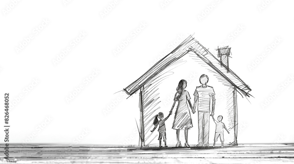 Hand-drawn illustration of a family under a house roof, depicting themes of love, home, and protection on a plain white background. Hand-drawn illustration of a family under a house roof, depicting themes of love, home, and protection on a plain white background.