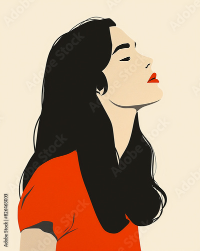 Minimal portrait art of a woman in red shirt on beige background