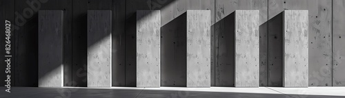 Panel kuchenny z motywem Monochrome image of concrete columns casting long shadows on a wall, highlighting minimalistic architecture and light play.