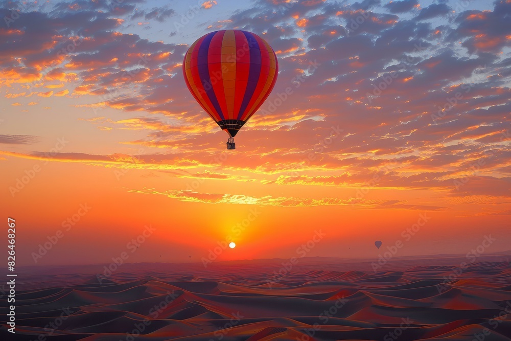 Hot air balloons soar over a desert at sunrise, with vibrant sky colors
