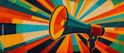 Colorful megaphone with vibrant rays background, symbolizing announcement, communication, and expression.