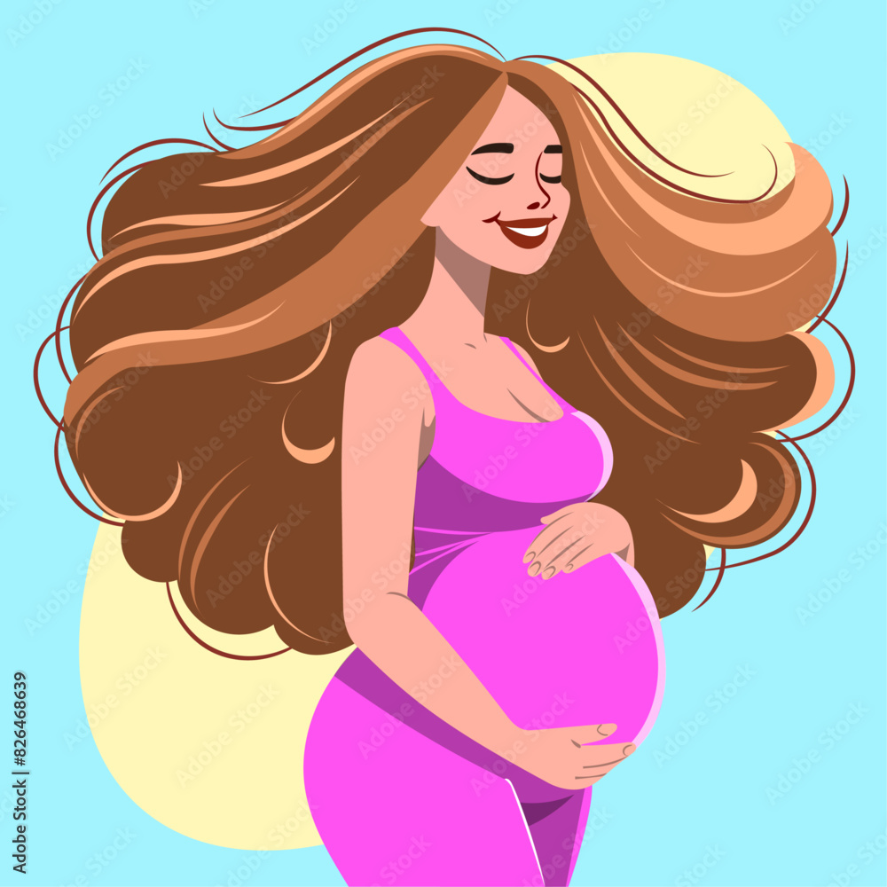 White pregnant girl, with long curly hair, very happy White pregnant girl, with long curly hair, very happy