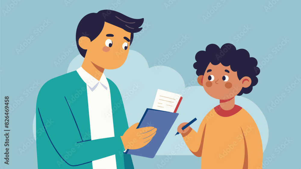 A father takes notes in a small notebook as the instructor shares important guidelines and requirements for becoming a godparent.. Vector illustration