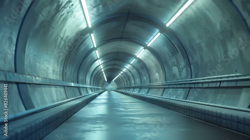 The image is a 3D rendering of a long  futuristic tunnel. The tunnel is made of metal and has a ribbed design. It is lit by bright lights.