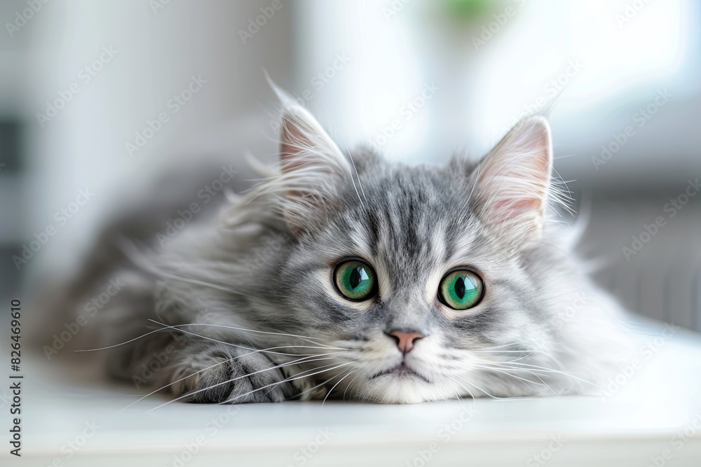 Funny large longhair gray kitten with beautiful big green eyes lying on white table. Lovely fluffy cat licking lips. Free space for text

