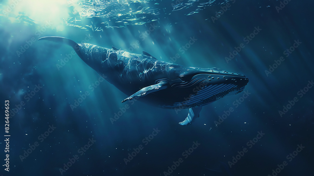 A blue whale is swimming upwards in the ocean. Sunlight is reflecting off the surface of the water.

