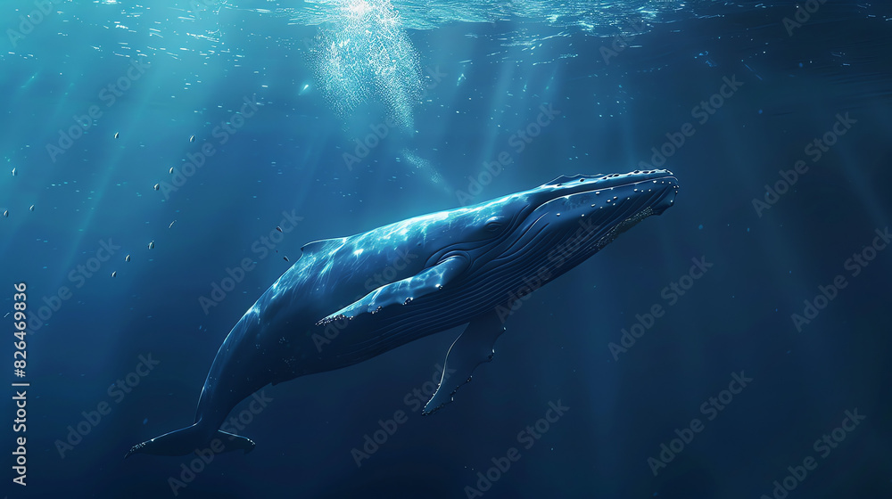 A blue whale is swimming upwards in the ocean. Sunlight is reflecting off the surface of the water.

