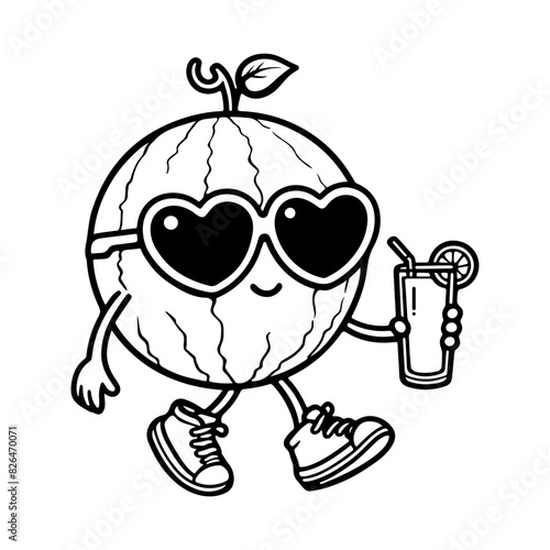 A cute watermelon cartoon character holding a glass of lemon juice.