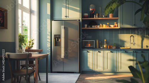 Frontal view refrigerator in a modern kitchen with table and chairs, kitchen, modern cabinets, house kitchen on a sunny day photo