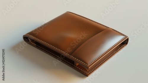 3D rendering of a brown leather wallet. The wallet is closed and has a smooth surface. The wallet is isolated on a white background.