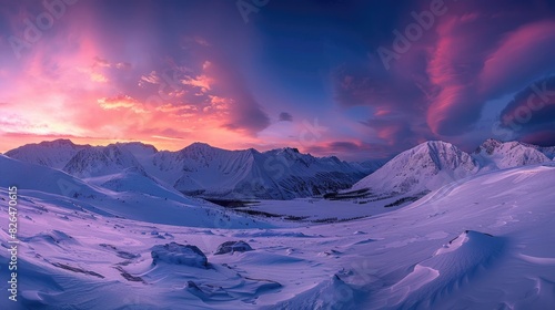 Panoramic image capturing the stunning beauty of dawn in the Altay mountains photo