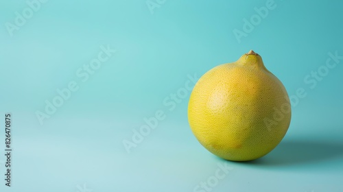 A large  ripe pomelo sits on a blue table. The pomelo is round and yellow  with a slightly bumpy skin.