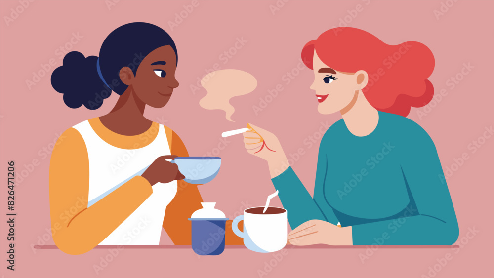 Two women engrossed in a deep conversation while stirring sugar into their coffee.. Vector illustration Two women engrossed in a deep conversation while stirring sugar into their coffee.. Vector illustration