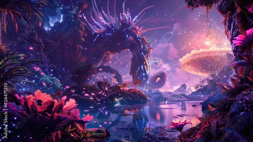 Fantastical scene with alien creatures in an otherworldly setting, highlighting vibrant and imaginative designs Fantastical scene with alien creatures in an otherworldly setting, highlighting vibrant and imaginative designs