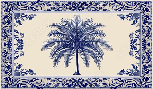 Decorative border surrounding palm tree illustration. Coloring book design suitable for everyone.