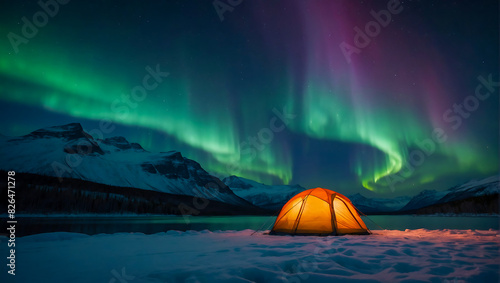 A glowing tent by a calm tranquil lake with the beautiful northern lights dancing in the sky