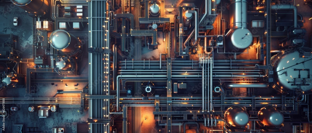 Aerial view of a modern industrial facility at night, showcasing intricate systems and illuminated structures in a complex layout. Aerial view of a modern industrial facility at night, showcasing intricate systems and illuminated structures in a complex layout.