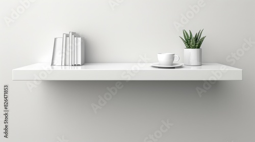 Minimalist white floating shelf with books  a plant  and a tea cup. Perfect for organizing modern interiors and adding a touch of simplicity.
