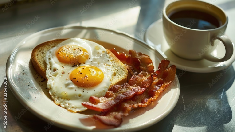 Breakfast Delight: Fresh Eggs, Crispy Bacon, and Coffee on Plate Breakfast Delight: Fresh Eggs, Crispy Bacon, and Coffee on Plate