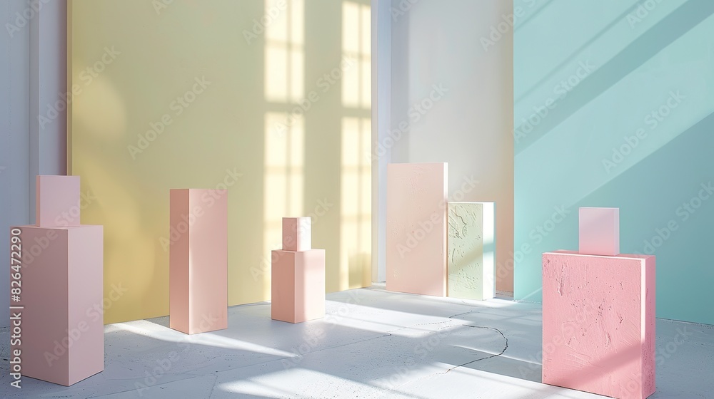 studio setting with pedestals in pastel colours. Space full of sunlight studio setting with pedestals in pastel colours. Space full of sunlight
